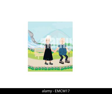 Senior couple walking in sunny day Stock Vector