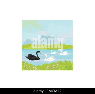 Vector landscape with mountains and swans on the lake Stock Vector