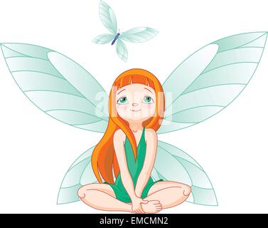 Fairy observes for flying butterfly Stock Vector