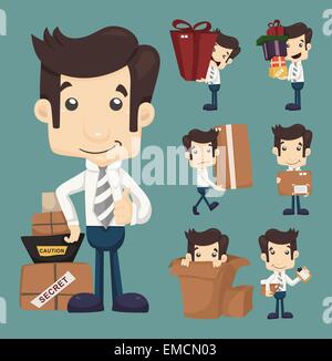 Set of businessman moving office and packing in boxes characters Stock Vector