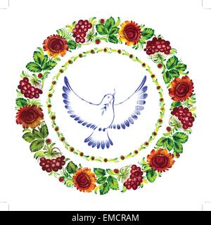 pigeon peace decorative circlet of flowers Stock Vector