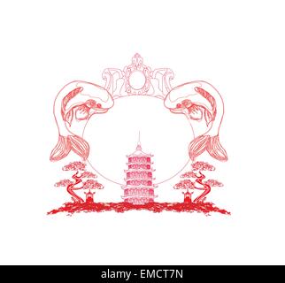 japanese koi and ancient building - abstract frame Stock Vector