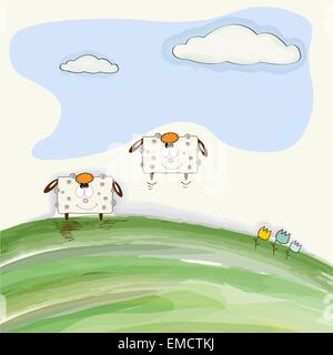 funny doodle sheep  bounce on meadow Stock Vector