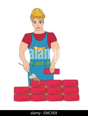 Builder working. Working mason makes laying bricks, doodle illus Stock Vector