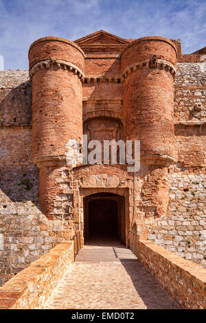 Entrance at Fort de Salses, Salses-le-Chateau, Languedoc- Rousssillon, Pyrenees-Orientales, France. Stock Photo