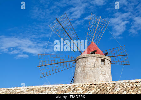 Old windmill in Trapani salt ponds, Sicily, Italy Stock Photo