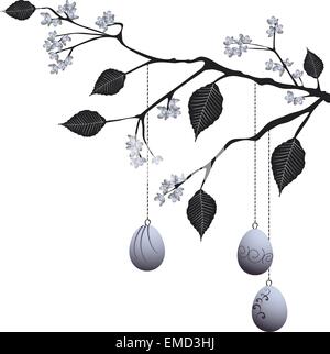 Easter Eggs are hanging on the flowering branch, vector illustra Stock Vector
