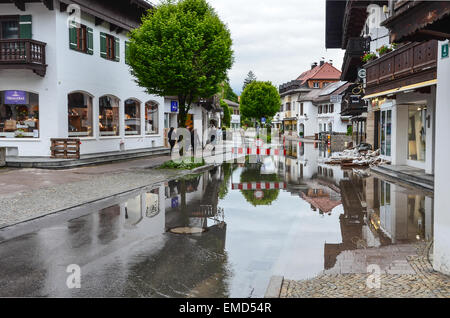 Severe flooding at lake Tegernsee  Rottach-Egern street closed basements under water Stock Photo