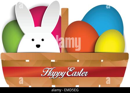 Happy Easter Rabbit Bunny and Eggs in Basket Stock Vector