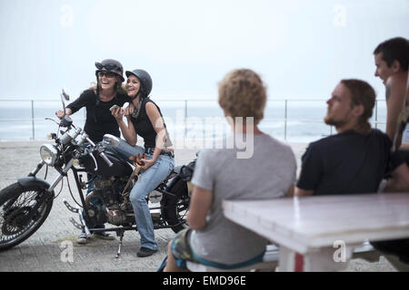 Bikers taking a break from riding Stock Photo