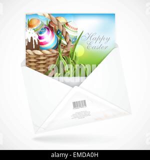 Easter Background With A Basket Full Easter Eggs. Stock Vector