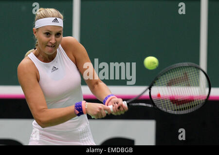 French tennis player Kristina Mladenovic in action during the semifinal Czech Republic vs. France Fed Cup match against Petra Kvitova in Ostrava, Czech Republic, April 18, 2015. (CTK Photo/Petr Sznapka) Stock Photo