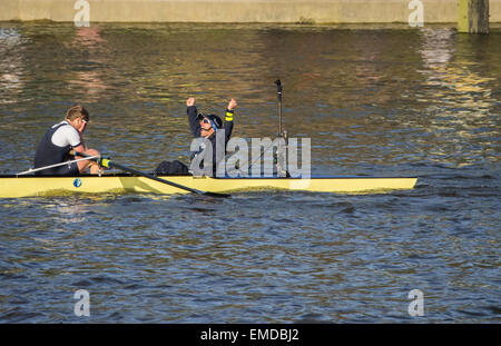 Oxford and Cambridge Boat Race 2015 Men's Oxford crew, winners, at finish,elation of cox.Face in hands crew,oarsman,crew. Stock Photo