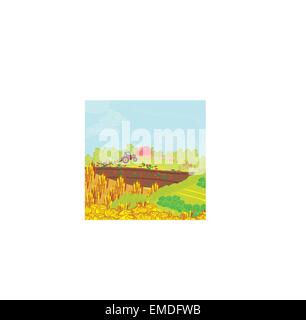 Tractor plowing field Stock Vector