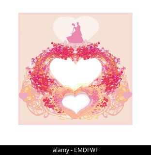 Floral greeting card with silhouette of romantic dancing couple Stock Vector