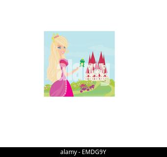 Beautiful young princess holding a big frog Stock Vector