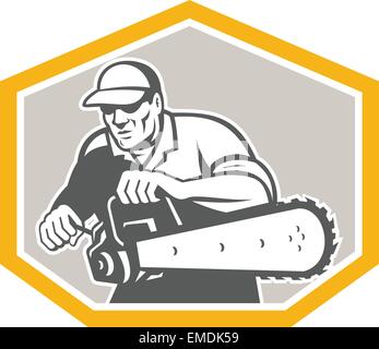 Tree Surgeon Arborist Holding Chainsaw Shield Stock Vector