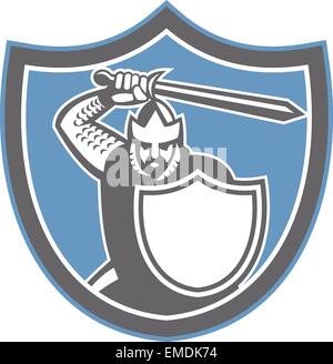 Crusader Knight Brandish Sword Shield Retro Stock Vector