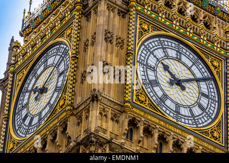 A bright close up image of Big Ben officially known as The Elizabeth Tower at the North End of The Houses of Parliament London England UK Stock Photo