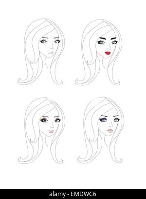 Portrait set of an attractive young girl. Vector illustration in