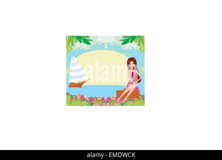 beautiful girl on a tropical vacation Stock Vector