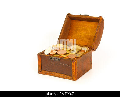 Open treasure chest with euro coins  isolated on white background Stock Photo