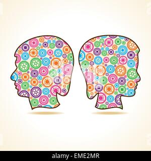 Group of colorful gears make a male and female face stock vector Stock Vector