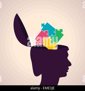 Illustration of thinking concept-Human head with colorful puzzle pieces Stock Vector