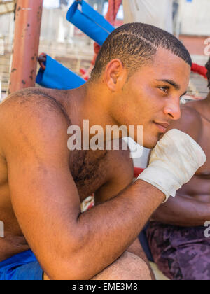 Close-up portrait of an Afro-Cuban boxer at the Rafael Trejo Boxing Gym in Havana Vieja, Cuba. Stock Photo