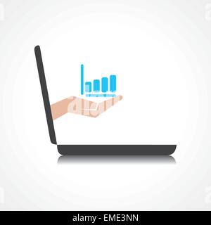 hand holding business graph comes from laptop screen stock vector Stock Vector