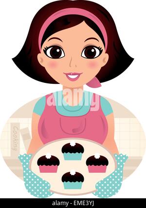 Cute woman cooking cookies isolated on white Stock Vector