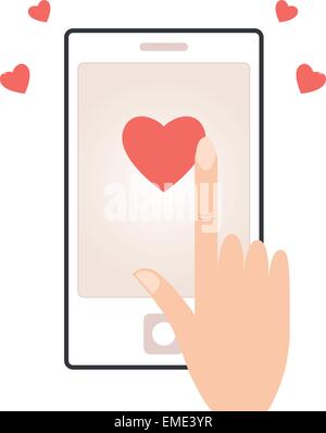 Cell phone with touching hand and hearts Stock Vector