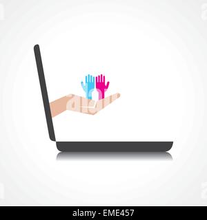 hand holding male and female hands comes from laptop screen stock vector Stock Vector