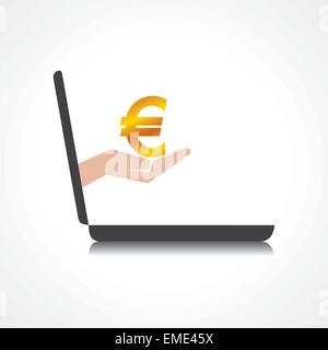 hand holding euro symbol comes from laptop screen stock vector Stock Vector