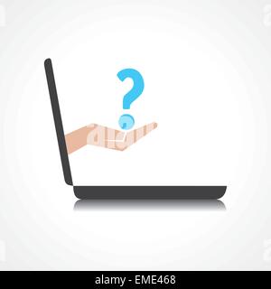 hand holding question mark comes from laptop screen stock vector Stock Vector