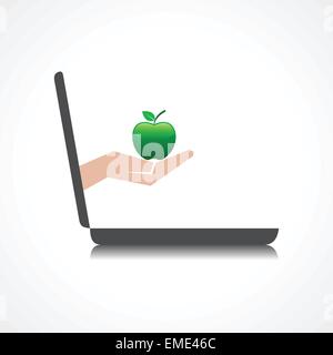 hand holding apple comes from laptop screen stock vector Stock Vector