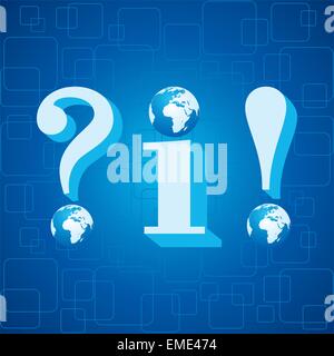 3d blue info,question mark and exclamatory mark icon with globe instead of dot stock vector Stock Vector