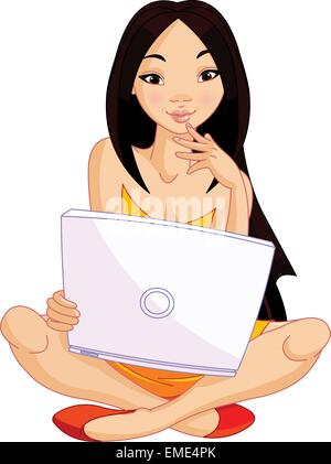 Young Asiatic woman sitting on cushion with laptop Stock Vector