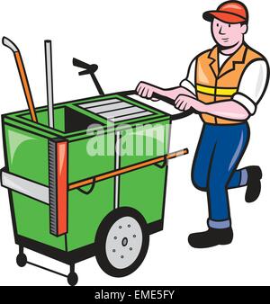 Streeet Cleaner Pushing Trolley Cartoon Isolated Stock Vector