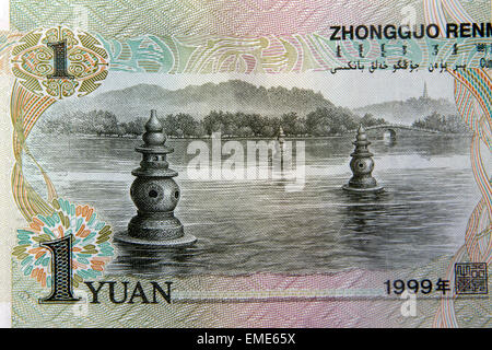 Chinese Banknote 1 Renminbi Yuan Reverse Side Depicting Three Pools Mirroring The Moon At West Lake Stock Photo