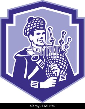 Scotsman Bagpiper Play Bagpipes Retro Shield Stock Vector