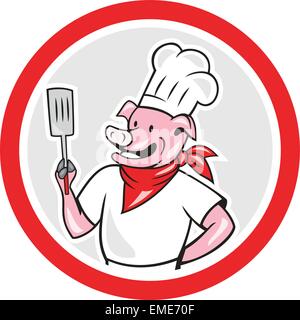 Pig Chef Cook Holding Spatula Circle Cartoon Stock Vector