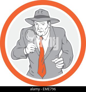 Detective Holding Magnifying Glass Circle Retro Stock Vector