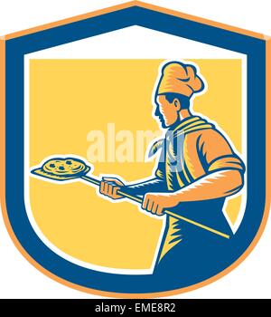Baker Pizza Maker Holding Peel Pizza Shield Stock Vector