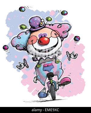 Clown on Unicycle Juggling Boy Colors Stock Vector