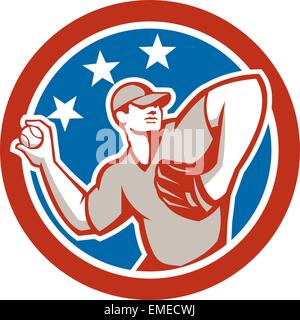 American Baseball Pitcher Throwing Ball Circle Retro Stock Vector