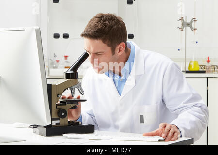 Scientist Looking Through Microscope In Laboratory Stock Photo
