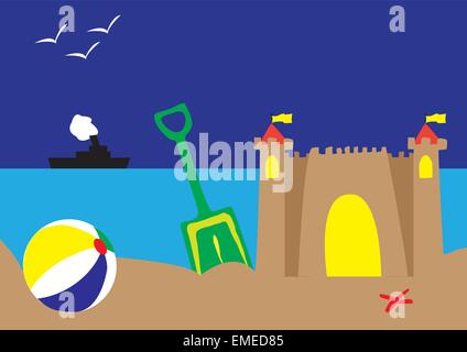 Sandcastle and beach ball illustration Stock Vector Image & Art - Alamy
