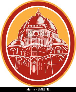 Dome of Florence Cathedral Front Woodcut Stock Vector