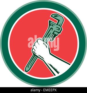 Hand Holding Adjustable Wrench Circle Woodcut Stock Vector